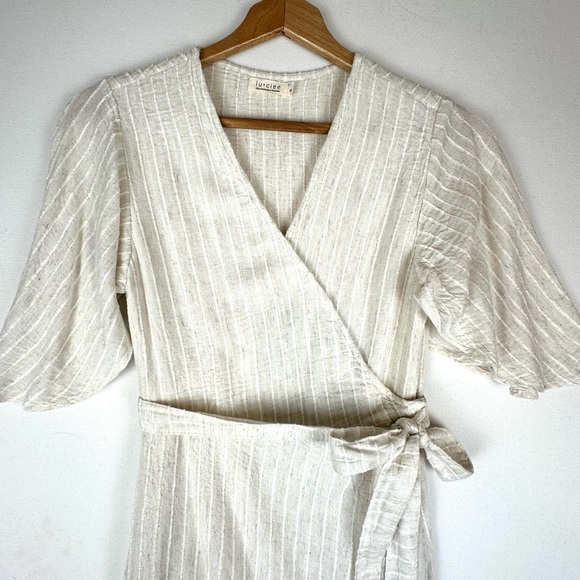 Lu ciee Natural Stripe Linen Blend Wrap Midi Dress Minimalist Classic Chic - Picture 14 of 14